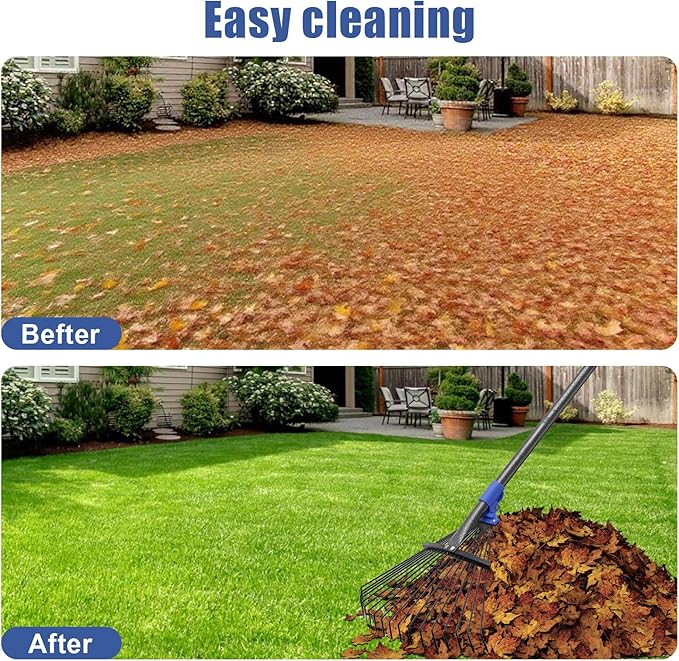 Adjustable Leaf Rake, 53” Long Handle Garden Rakes for Lawns Leaves with Expandable Head 8-17", Yard Women Kids Rake for Gardening RV Camping