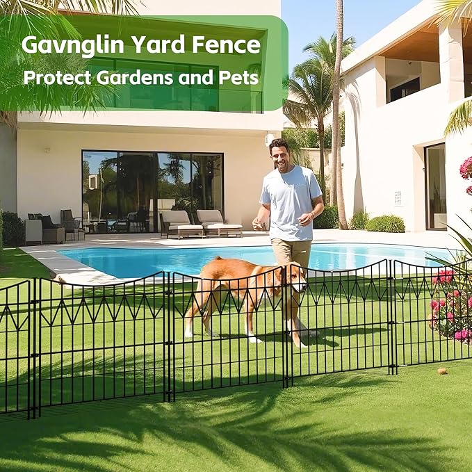 6 Panels Garden Fence Animal Barrier, 32in(H)×13.5ft(L) Rustproof Metal No Dig Fence | Reusable Decorative Garden Fence Border with Extra-Long Ground Stakes | Temporary Dog Fence for Yard, Black