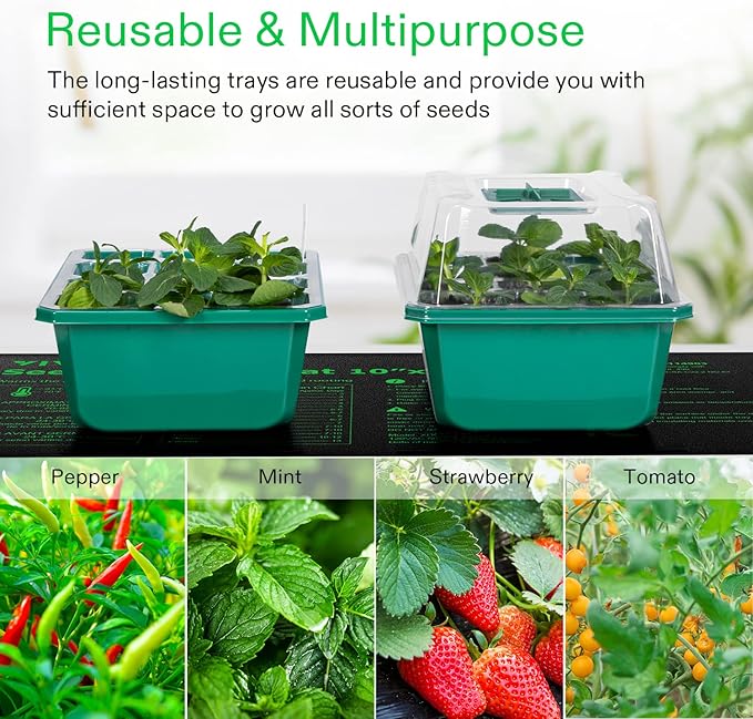 VIVOSUN 12-Pack Seed Starter Trays, 144-Cell Seed Starter Kit with Humidity Dome, Flat Reusable Plant Germination Trays with Drain Hole, Green Propagation Tray for Planting Seeds