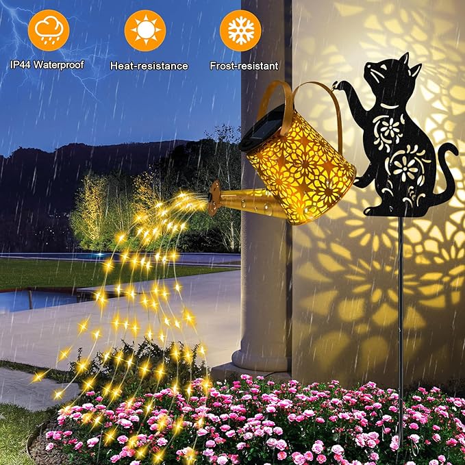 Solar Lights Outdoor Decorative, Watering Can with Cascading Lights, with Cat Silhouette Garden Stakes, Waterproof Metal Garden Decor for Yard Art, Outside, Patio, Lawn Ornaments 2PACK