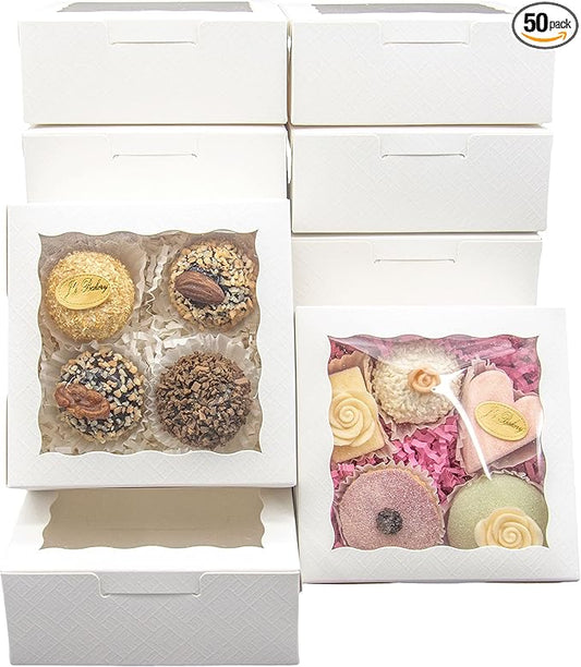 QULIT 50pcs 5x5x2 Inch Cookie Boxes with Window White Bakery Boxes Pastry Boxes for Macaroon Dessert Cupcake Donut Pastry Muffins
