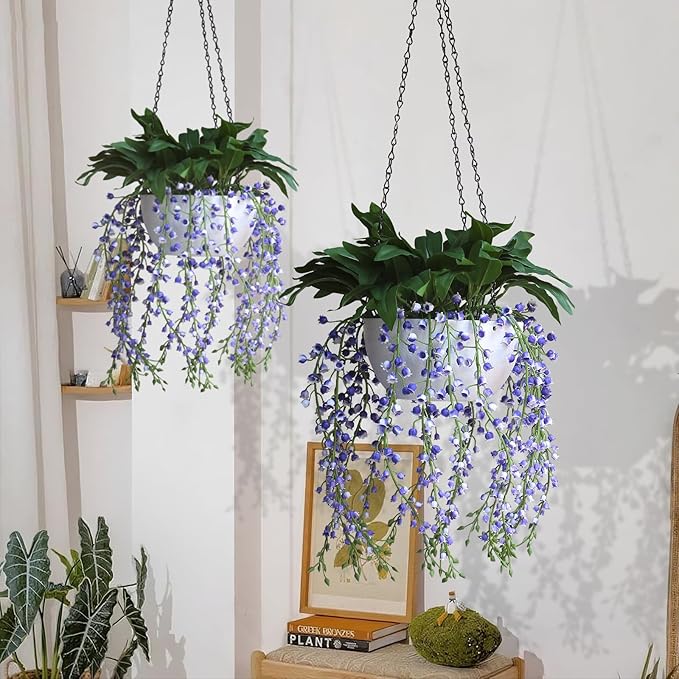 alyptus Hanging Planters for Indoor Plants Fake Flowers - 2-Pack Artificial Hanging Lily of The Valley with Pot - White Faux Flowers in Planters for Indoor Décor