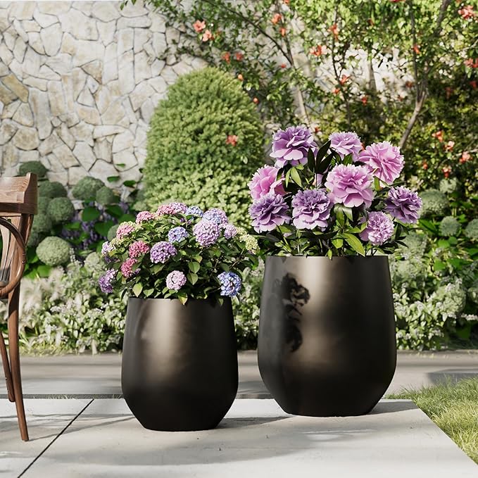 DTY Signature Mount Wilson Lightweight and Durable Modern Fiberstone Tapered Planter for Indoor Outdoor Drainage Hole & Rubber Plug Weather Resistant, 16.7" H x 15" Dia, 11.7" Opening - Medium, Black