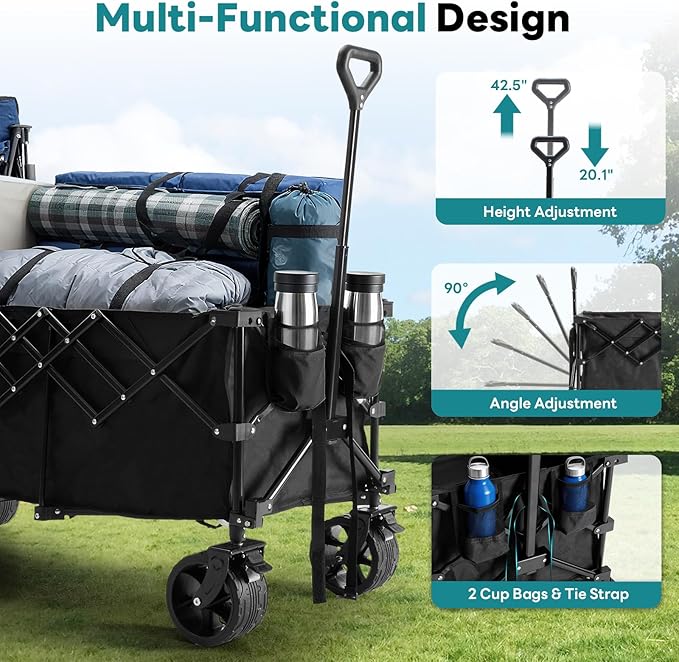 NEWBULIG Collapsible Wagon Cart - 440lbs Foldable Extra Long Heavy Duty Utility Wagon with Wheels, Portable Storage Grocery Cart for Camping, Shopping, Sports, Beach, Garden