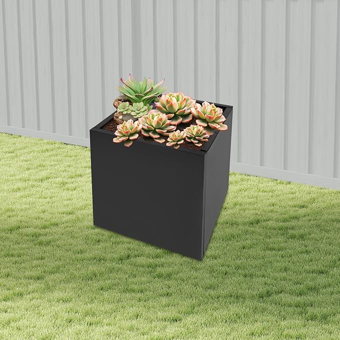 Metallic Heavy Planter Box, Large Metal Planter with Removable Insert Shelf for Outdoor/Indoor, Tall Trees, Plants, Flowers, Easy Assembly (Black, 18 * 18 * 20inch)