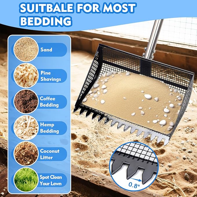 XOTTI 12 Inch Large Chicken Poop Scooper & Rake 2-in-1, Metal Chicken Coop Scoop with 36 to 75" Adjustable Stainless Steel Handle, Durable Sand Litter Sifting Shovel for Farm Animals
