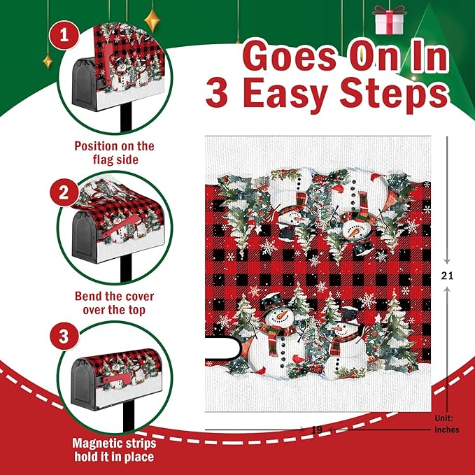 Christmas Snowman Mailbox Cover Magnetic Standard Size 20.5" x 18", Xmas Tree Buffalo Plaid Cardinal Decorative Post Letter Box Wrap Decor, Winter Holiday Garden Yard Outdoor Decoration