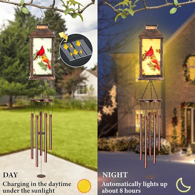 Cardinal Wind Chimes for Outside, 37" Hanging Memorial Solar Wind Chimes for Outside, Solar Lantern Christmas Cardinal Gifts for Women Mom Windchimes Outdoors for Patio Garden Decor Birthday