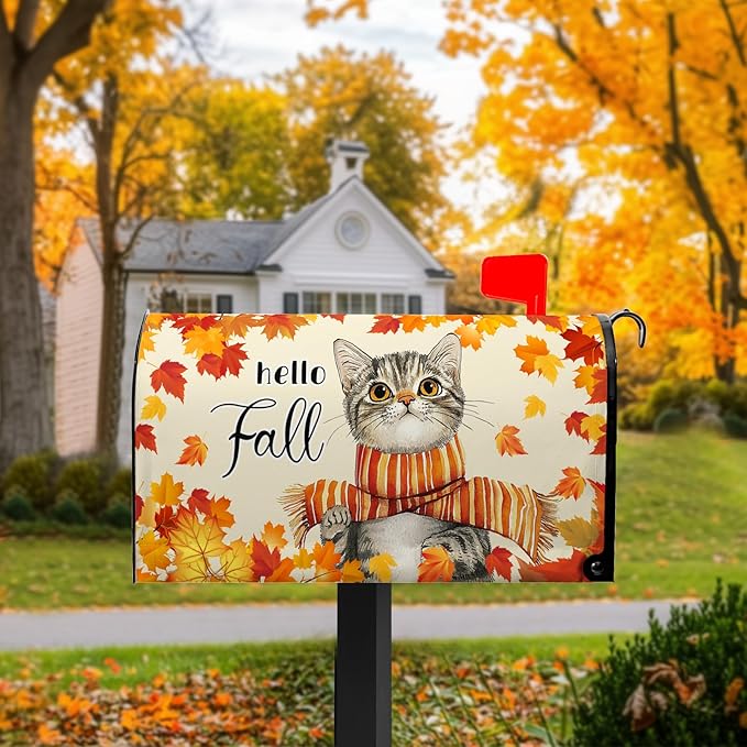 Hello Fall Mailbox Cover Cat Mail Box Covers Magnetic Standard Size 21x18 inch Maple Leaf Mailbox Wrap for Outside Garden Yard