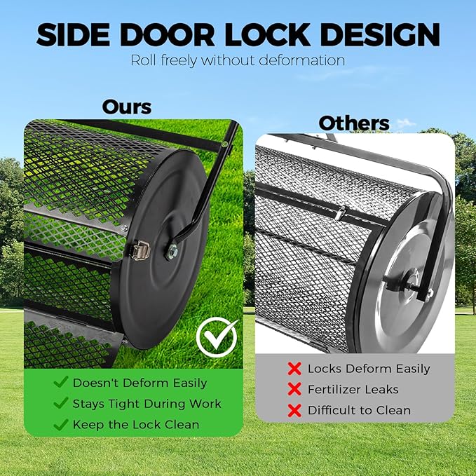 Outvita Compost Spreader, 24" Wide Lawn and Garden Peat Moss Roller with Side Latches, Powder Coated Steel Mesh Basket for Spreading Manure Mulch Topsoil