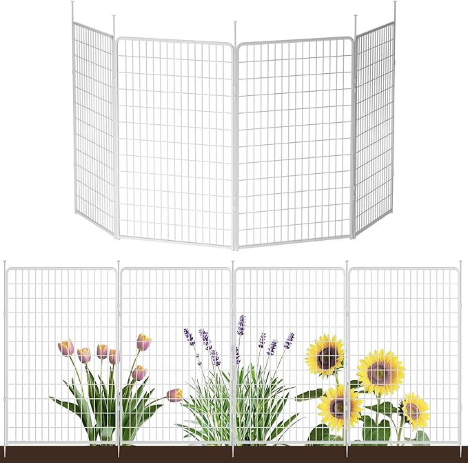 Doorless Garden Fence 50 in(H) x 10.2 ft(L) 4 Panels, Heavy Duty Metal Animal Barrier Fence, No Dig Fence for Dogs, Rabbit Fence for Garden, White