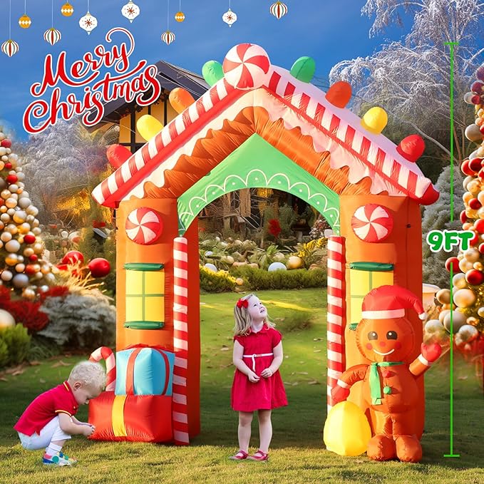 FunFanso 9 FT Christmas Inflatables Archway Outdoor Decorations, Gingerbread Man House Arch Blow Up Yard Decoration with Colorful Gift Boxes, Built-in LED Lights for Garden Porch Xmas Party Decor