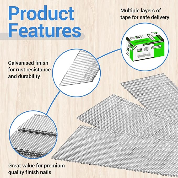 meite 15 Gauge 34 Degree Angled Finish Nails, 2-1/2 Inch Leg Galvanized No-rust Finishing Nails for Nailer Gun, Glue-Collated Trim Nails for Baseboard Crown Cabinet Window Molding, 2 Boxes x 2,000PCS