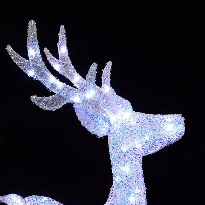 LuxenHome 3PCs Reindeer Christmas Decoration, Lighted Reindeer Family with Silver Bow and Ornament, 240 Cool White LED Lights, Front Porch Christmas Decorations Indoor & Outdoor Yard Decor