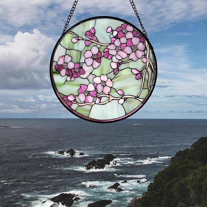 Stained Glass Window Hanging 4 Pcs Set Tulips Plum Flower Daffodils Hyacinths Large 11.8" - Suncatcher Door Garden Sun Catcher Decor Birthday Mother's Day for Mom Woman Nana