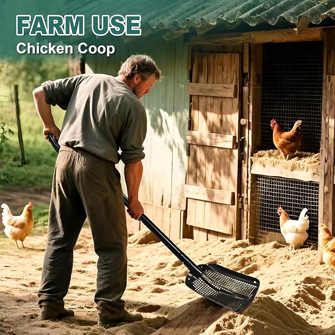 VYNTRA 47.7" Metal Sifting Shovel, Adjustable Sand Sifter for Chicken Coop, Farm Goat Stall & Garden, Beach-Heavy Duty Durable Mesh Screen for Poop Cleaning Durable Sifter Shovel Ergonomic Grip Black