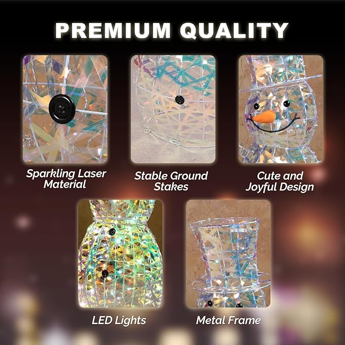 VINGLI 4FT Lighted Iridescent Snowman Christmas Yard Decorations, Prelit 100 Warm White LED Tinsel Snowman, Collapsible Indoor Outdoor Lawn Garden Front Porch Patio Xmas Holiday Decor Display