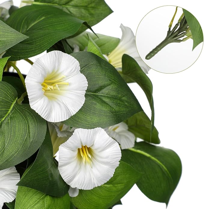Briful Fake Hanging Flowers 2 Pack 25.6" Artificial Morning Glory Silk Floral Bush Faux Hanging Vine Plants Outdoor Fake Flowers for Home Office Outside Planter Porch Patio Yard Garden Decor(White)