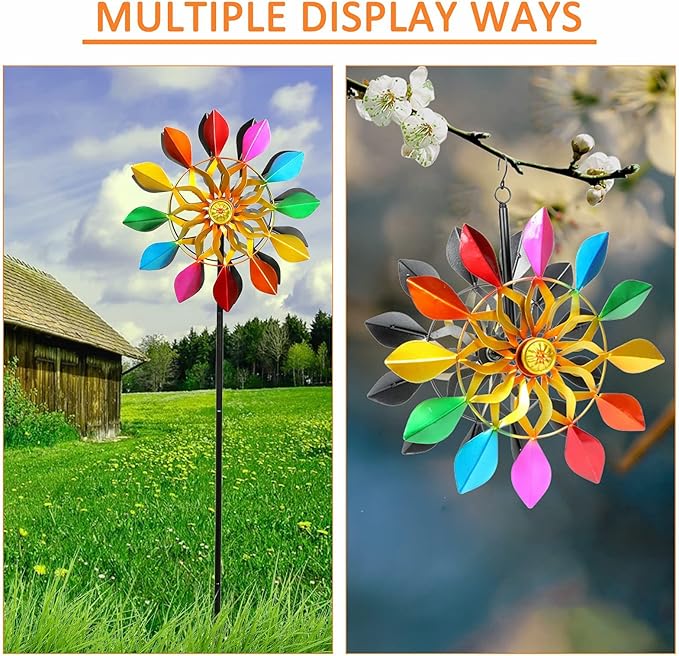 DIBIEECN 78 Inch Big Kinetic Wind Spinners with Garden Stake, Rainbow Metal Windmill Decorations, Outdoor Wind Sculpture, Dual Direction Colorful Wind Catcher for Yard Art, Lawn, Garden Decor, Gifts