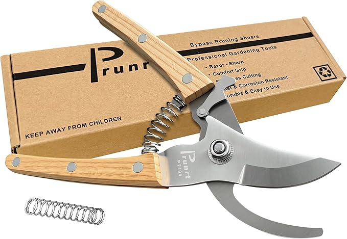 Pruning Shears, 7.5 Inch Garden Shears with 5/8 Inch Cut Capacity, Wood Clip Steel Handle, Professional Garden Clippers and Gardening Scissors, with Spare Spring
