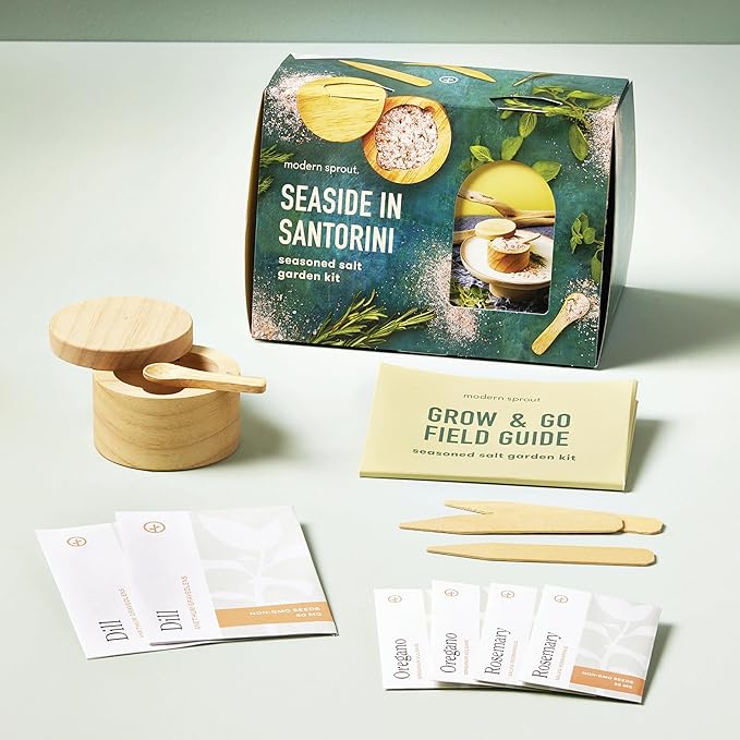 Modern Sprout Travel Trio Seaside in Santorini; Travel-Inspired Seed Kit with Salt Cellar, Organic Seed Starting; Gardening Gift (Seaside in Santorini)