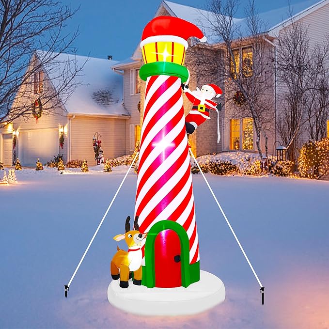 10FT Christmas Inflatable Yard Decoration, Giant Blow Up Lighthouse with Santa and Reindeer with Built-in LED Lights & Drawstring Bags for Yard Lawn Garden Holiday Outdoor Decor