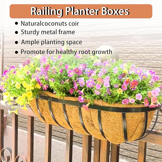24'' Window Box Railing Planter with Coco Liner,2 Pack Horse Trough Planters Black Metal Hanging Flower Planters Basket for Porch Fence Patio Indoor Outdoor Lawn