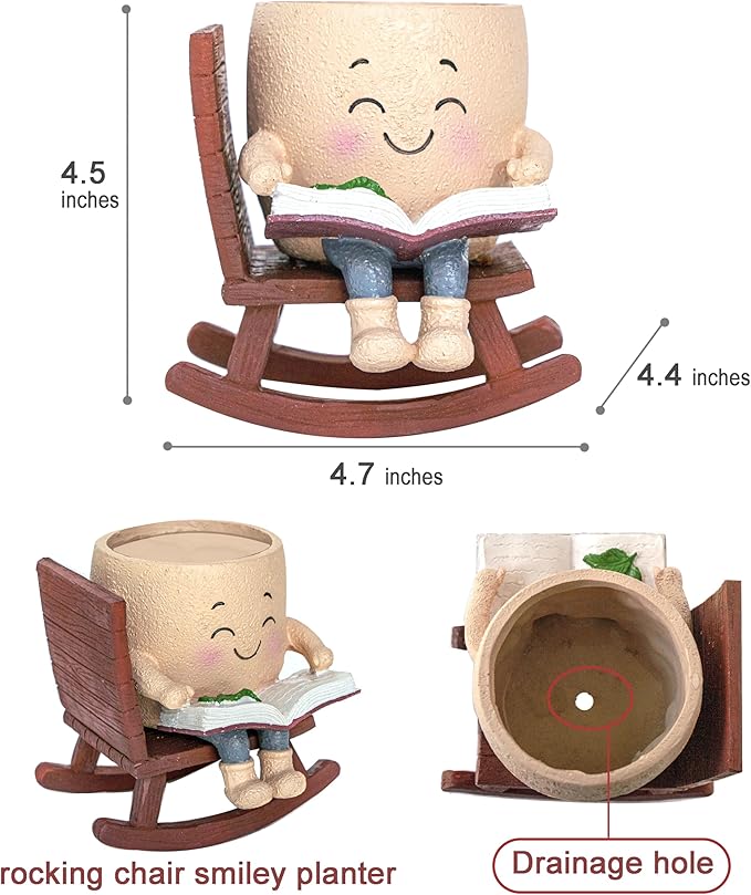 Rocking Chair Smiley Face Planter with Drainage Hole, Cute Plant Pots for Indoor Outdoor Plants,Unique Flower Pot for Succulents, Gift for Mother's Day, Birthday, Christmas