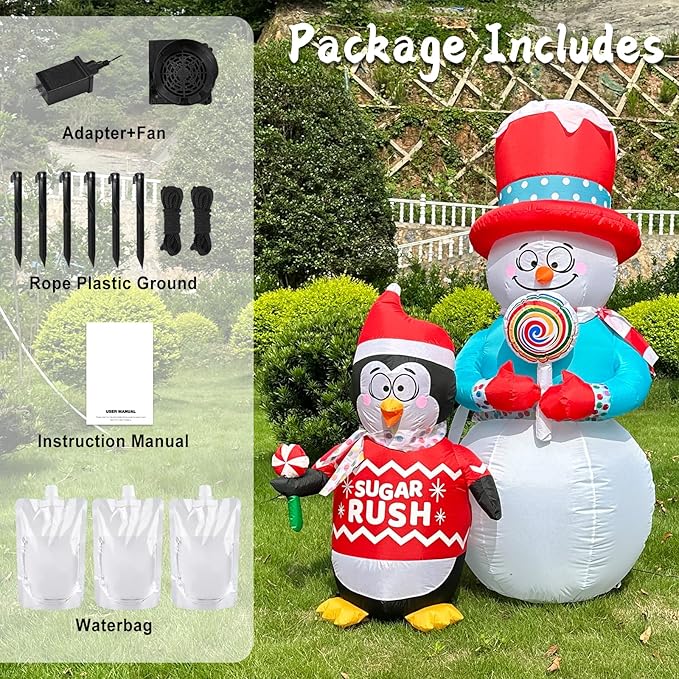 6FT Inflatable Christmas Snowman Decorations Blow Up Penguin Lollipop Outdoor Xmas Decor Inflate Cute Santa with LED Light for Indoor Outside Yard Garden Lawn Porch Patio Holiday Party