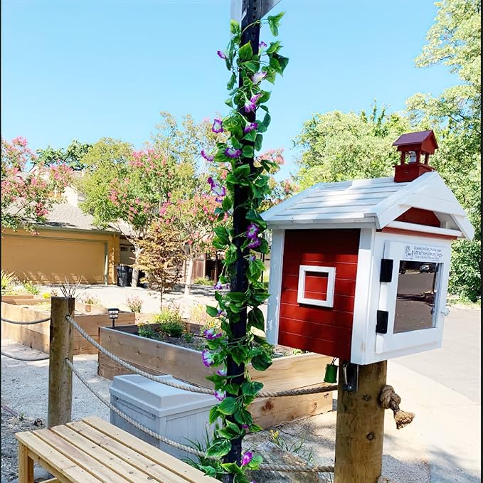 CISDUEO 2 Pcs Artificial Vines Silk Morning Glory Vines for Outdoor 15Feet Hanging Plants Garland Purple Fake Green Plant Morning Glories for Home Decor Wall Fence Stairway Wedding Hanging Baskets