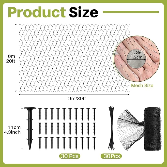 Koi Pond Netting Kit 20 x 30ft, Bird Deer Fence Netting, Durable Net Cover for Leaves, Heavy Duty Fine Mesh, Protect Fish from Blue Heron Birds, Cats & Predators, 30pcs Stakes & Ties Included