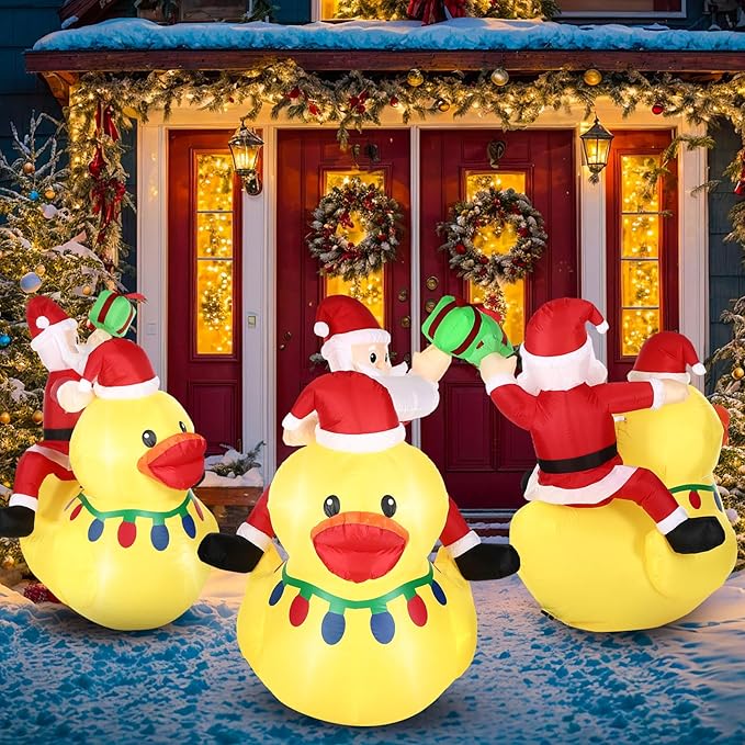 Leyndo 1 Set 5ft Christmas Inflatables Decoration Outdoor Santa Riding Duck Inflatables with Build-in Leds Lights Giant Blow up Duck with Santa Claus for Mall Garden Patio Lawn Indoor Party Xmas Decor