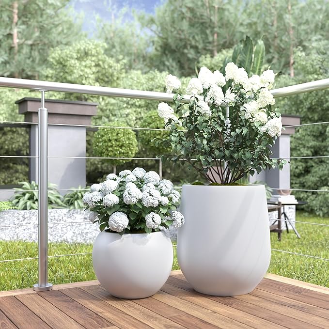 DTY Signature Mount Wilson Lightweight and Durable Modern Fiberstone Tapered Planter for Indoor Outdoor Drainage Hole & Rubber Plug Weather Resistant, 11.8" H x 11" Dia, 8" Opening - Small, White