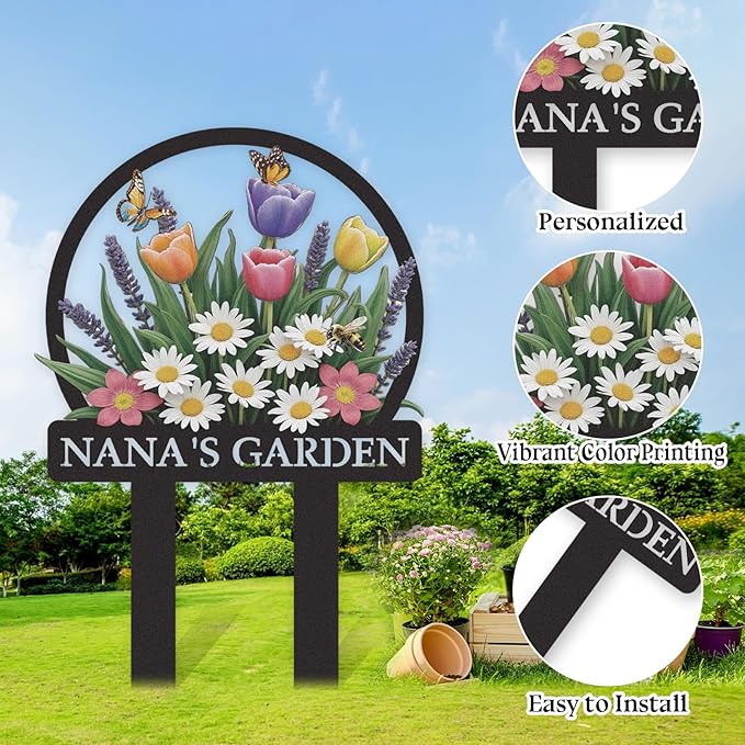 Personalized Garden Signs, Colorful Flowers Garden Decor for Outside, Decorative Yard Stakes, Metal Yard Art, Patio Decor, Custom Last Name Sign, Lawn Art, Gardening Gifts Color01