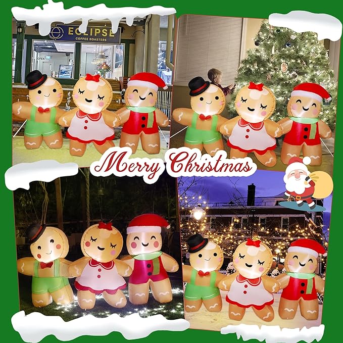 Joliyoou 8FT L Christmas Inflatable Decoration, Set of 3 Blowup Gingerbread Man Hand in Hand, Adorable Xmas Inflatable Ginger Bread Man for Winter Holiday Outdoor Indoor Decor