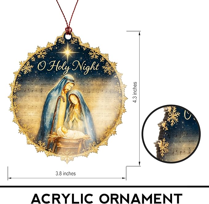 Nativity Ornament – O Holy Night – Christian Christmas Decor – Holy Family Card – Religious Gift – Christmas Holiday – Suncatcher Effect Stained Glass Window Hanging – Car Hanging