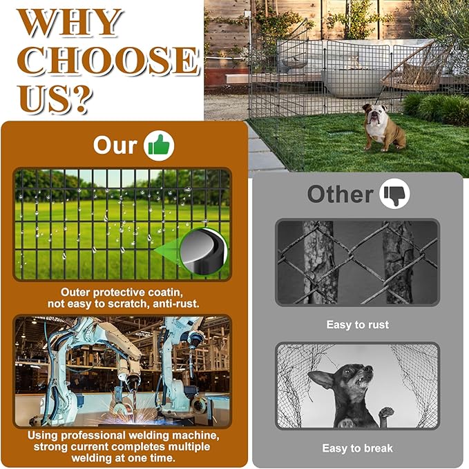 10 Panels Garden Fencing Animal Barrier, 36in(H) X 25ft(L) Dog Fence Outdoor for Yard Rustproof No Dig Decorative Tall Rabbit Fences Metal Wire Panel Border Patio Ground Stakes