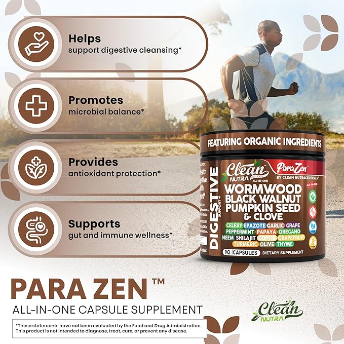 Clean Nutra Wormwood Black Walnut Pumpkin Seed Clove Oil Celery Garlic Grape Papaya Neem Diatomaceous Earth Womens Probiotic Gut Health Cleanse Detox Oregano Olive Turmeric Supplement Vegan Capsules