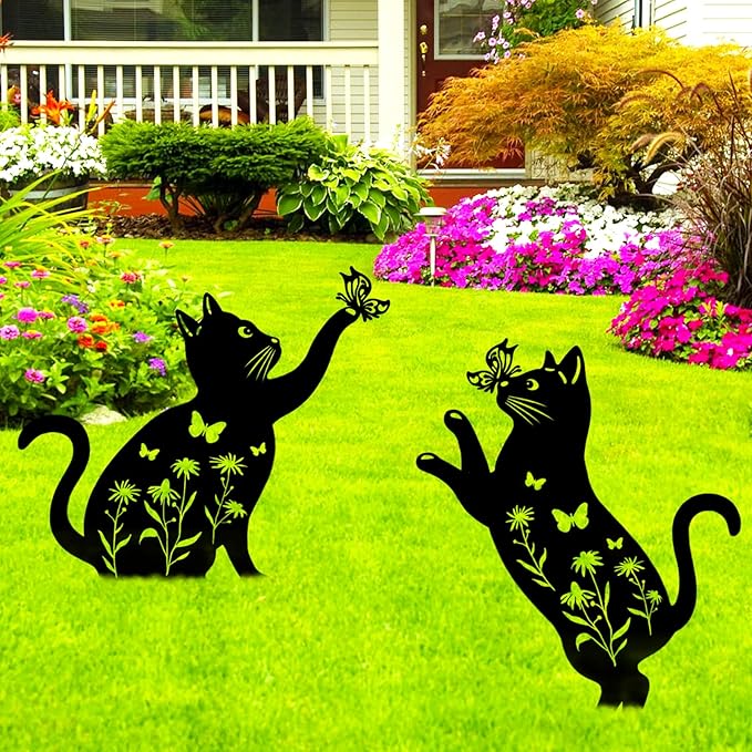 Cat Garden Decor for Outside, 2 Pack Metal Decorative Garden Stakes, Gift for Cat Lovers, Black Silhouette Statues Animal Stakes Decorations for Yard Art, Patio, Outdoor Decor, Lawn Ornaments