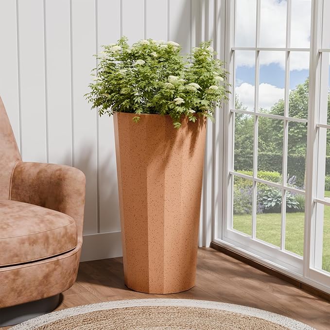23.6" Tall Planters for Outdoor Plants, Rust Large Outdoor Planters for Porch Decor with Drainage Hole, Wide Stripe Flower Pots Fits Indoor Plants Patio/Garden, Plastic Terracotta (2 Pack)