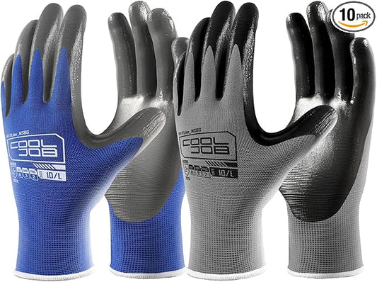 COOLJOB 10 Pairs Nitrile Dipped Safety Work Gloves with Grip, Non-slip Rubber Coated Bulk Garden Gloves for Men, Heavy-duty Oil Resistant for Truck Driver, Warehouse Box Handler, Medium, Gray Blue