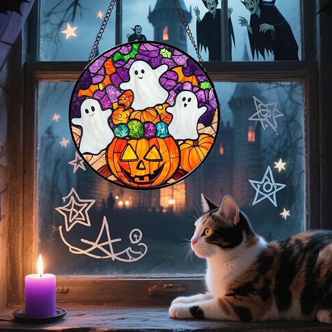 Stained Glass Window Hanging Halloween Horror Pumpkin White Ghost 6.3" - Suncatcher Door Garden Sunroom Gothic Style Sun Catcher Birthday for Friend Mom Men Woman Nana