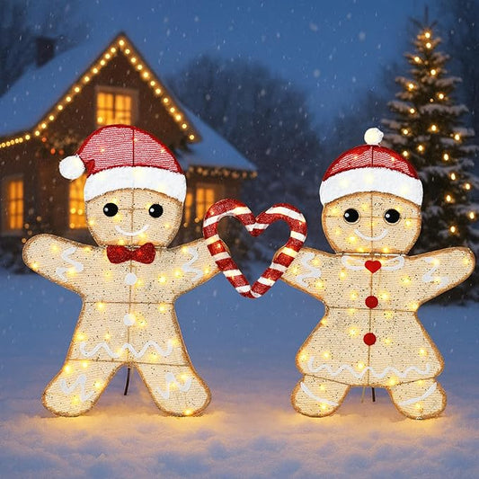 32"H Outdoor Gingerbread Lights, 2D Pre-lit Holiday Lawn Lights Christmas Decorations, 100 Warm White LEDs, Stake-Down Flat Xmas Yard Decor, Ground Decorations for Garden, Porch, Set of 2
