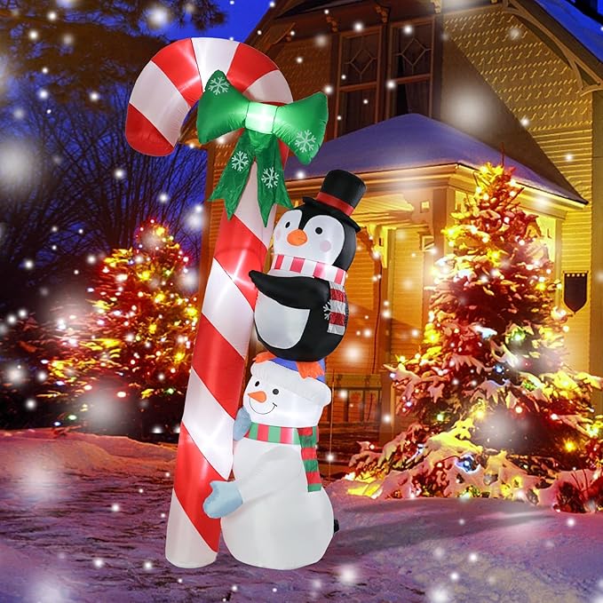 MUMTOP 8.6 Ft Tall Christmas Inflatables Outdoor Decorations, Inflatables Candy Cane with Snowman Penguin Christmas Blow up Yard Decorations Built-in LED Lights for Outdoor Party Holiday Decor