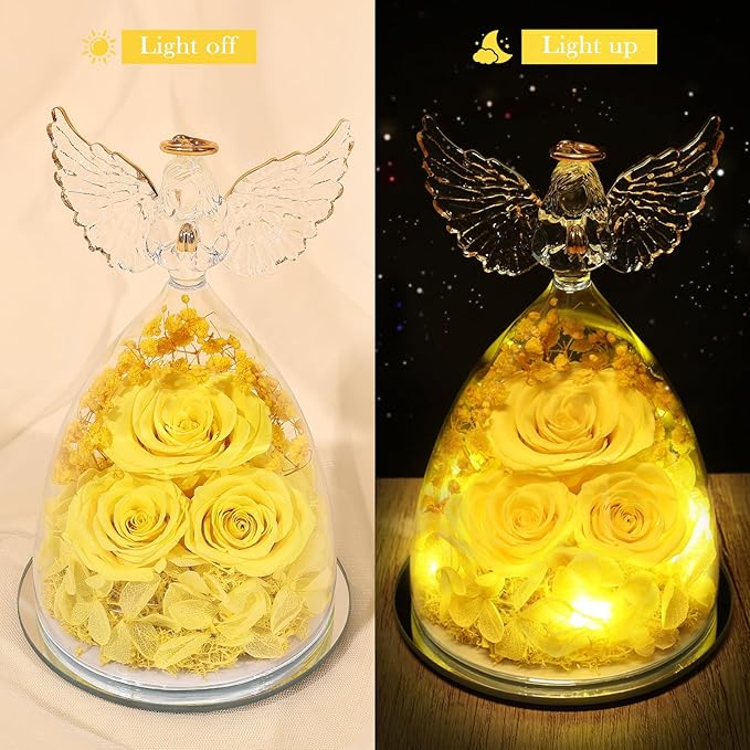 Preserved Flower Rose Gifts for Women, Forever Eternal Fresh Flowers in Glass Angel Figurines Flowers for Delivery Prime for Grandma Mom Sister Her Wife on Mothers Day Birthday Christmas