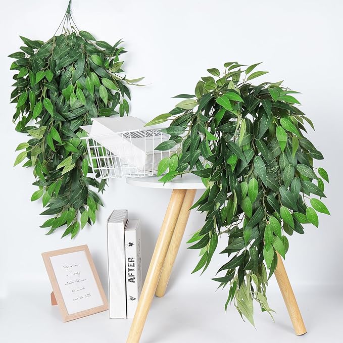 RECUTMS Artificial Hanging Willow Leaves Vine Twigs 2PC, Fake Silk Weeping Willows Leaf Plant Faux Italian Ruscus Greenery Indoor Outdoor Home Garden Wedding Arch Jungle Birthday Party Spring Decor