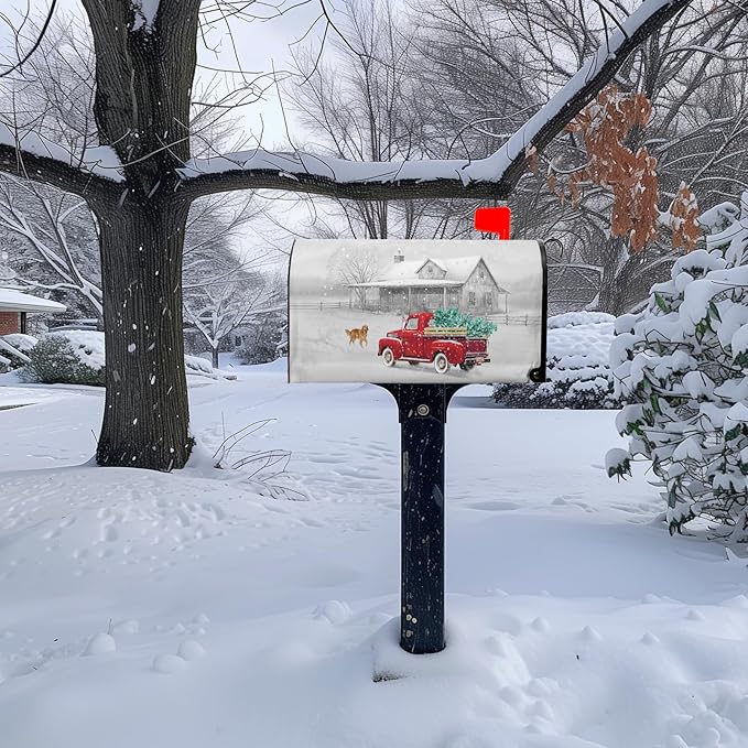 Winter Mailbox Cover Red Truck Snowflake Oversize Mailbox Wrap with Magnetic Strip Christmas Dog Snowy Letter Post Box Cover Decoration Welcome Home Outdoor Large Size 25.5" Lx 21" W