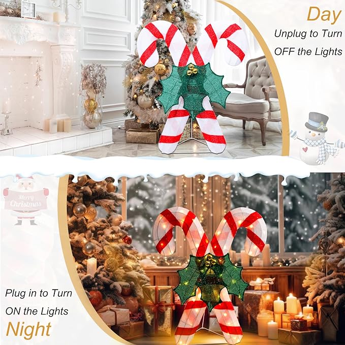 Lighted Christmas Candy Cane Decoration Outdoor Pre-lit 3D Crossed Candy Cane Glittered with LEDs Lighted Up Standing Ornament Outdoor Indoor Christmas Decoration for Home Lawn Yard Garden Display