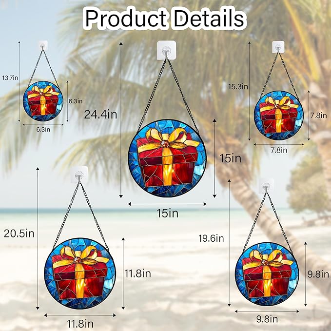 Stained Glass Window Hanging - Gold Red Gift Box Suncatcher for Doors Home Christmas Decoration Sun Catcher Thanksgiving New Year Birthday Gifts for Friend Women Men Mom Nana 11.8 in