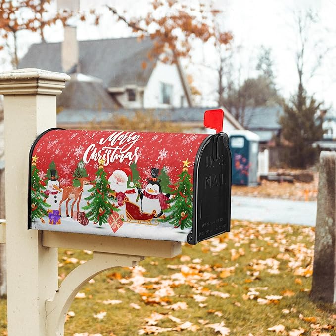 Merry Christmas Mailbox Cover, Magnetic Standard Size 21x18 Inch, Xmas Trees Santa Claus Snowman Reindeer Penguin Mailbox Wrap Post Cover for Garden Yard Outdoor Home New Year Decor